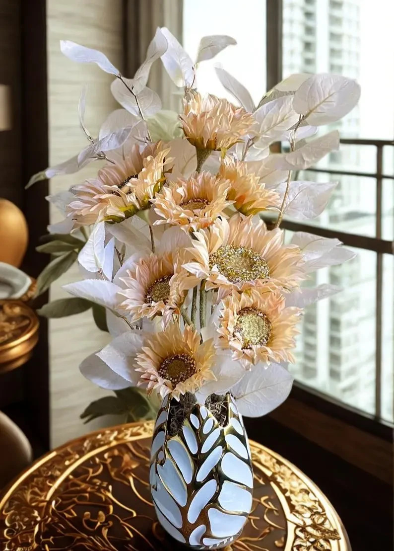 Peach Sunflowers Floral Arrangement: Fancy Table Centerpiece, Modern Home Decor