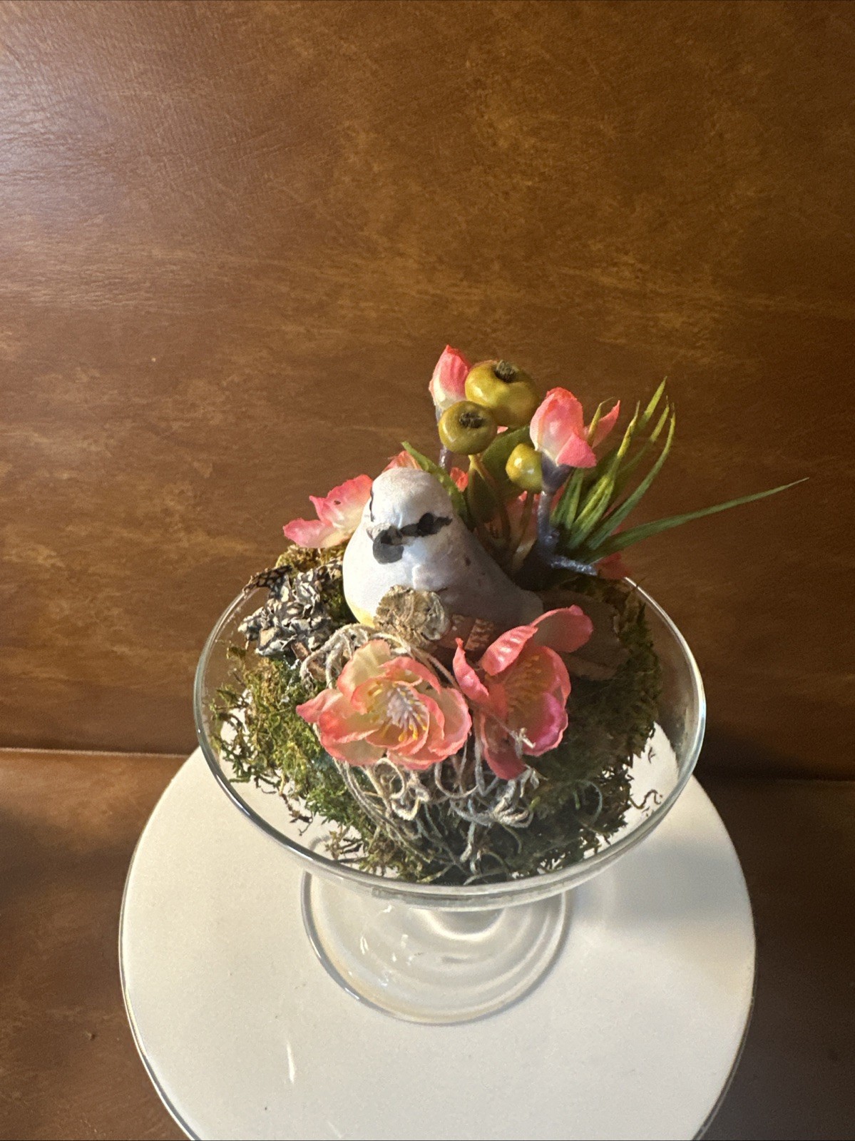 Artificial Vintage Floral Arrangement Glass Dome with Bird Nest, Pink 9”tall b