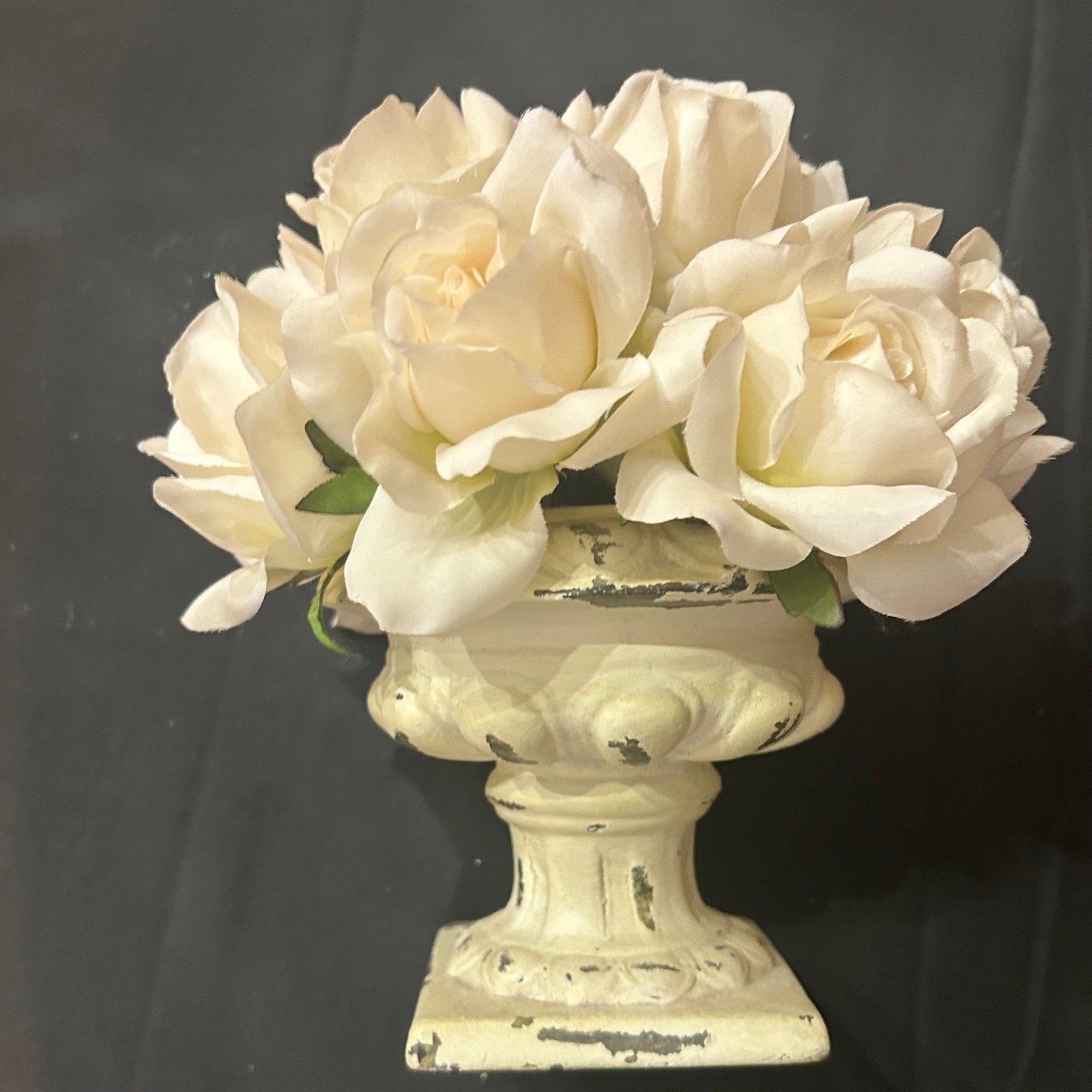 Distressed Cream Urn Planter w/White Faux Roses French Country Floral Home Decor