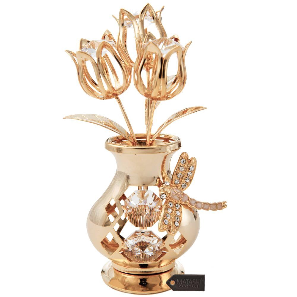 Matashi 24K Gold Plated Flower Vase w/ Crystal Studded Dragonfly Bouquet