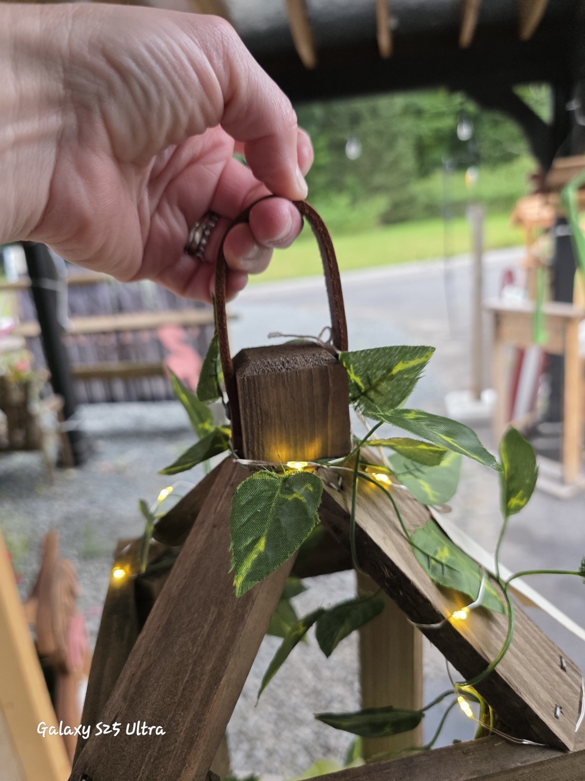Rustic Indoor/Outdoor Wooden Lantern Centerpiec w/ Green Hydrangea Fairy Lights