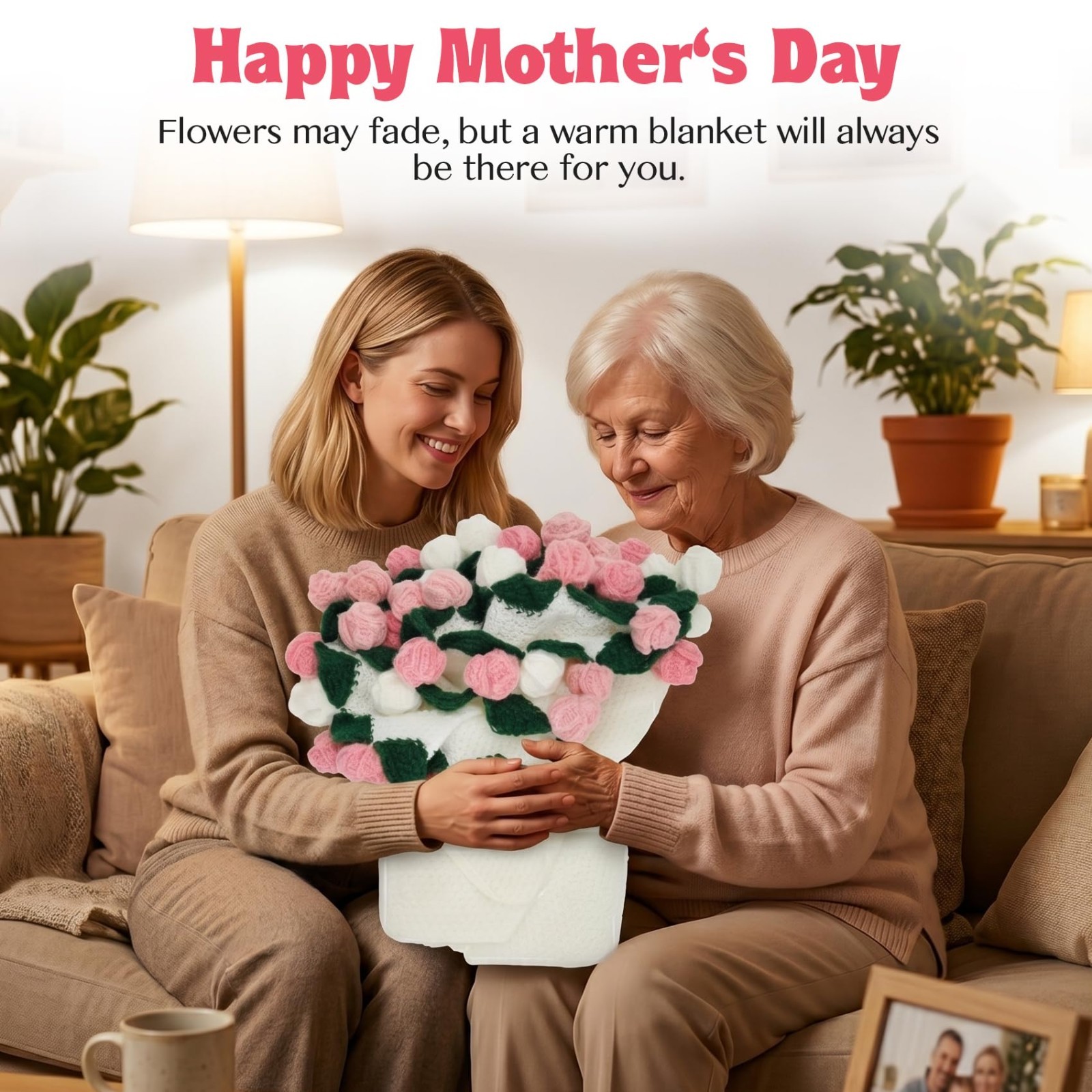 Hand-Crocheted 43″ Rose Flower Bouquet Blanket, Romantic Gift for Home Decor, So