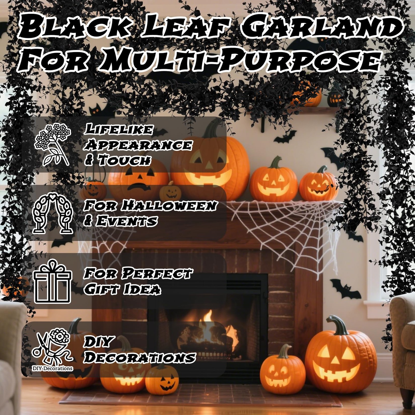 Black Halloween Garland for Mantle- 2PCS 5.9Ft Artificial Black Eucalyptus Ga…
