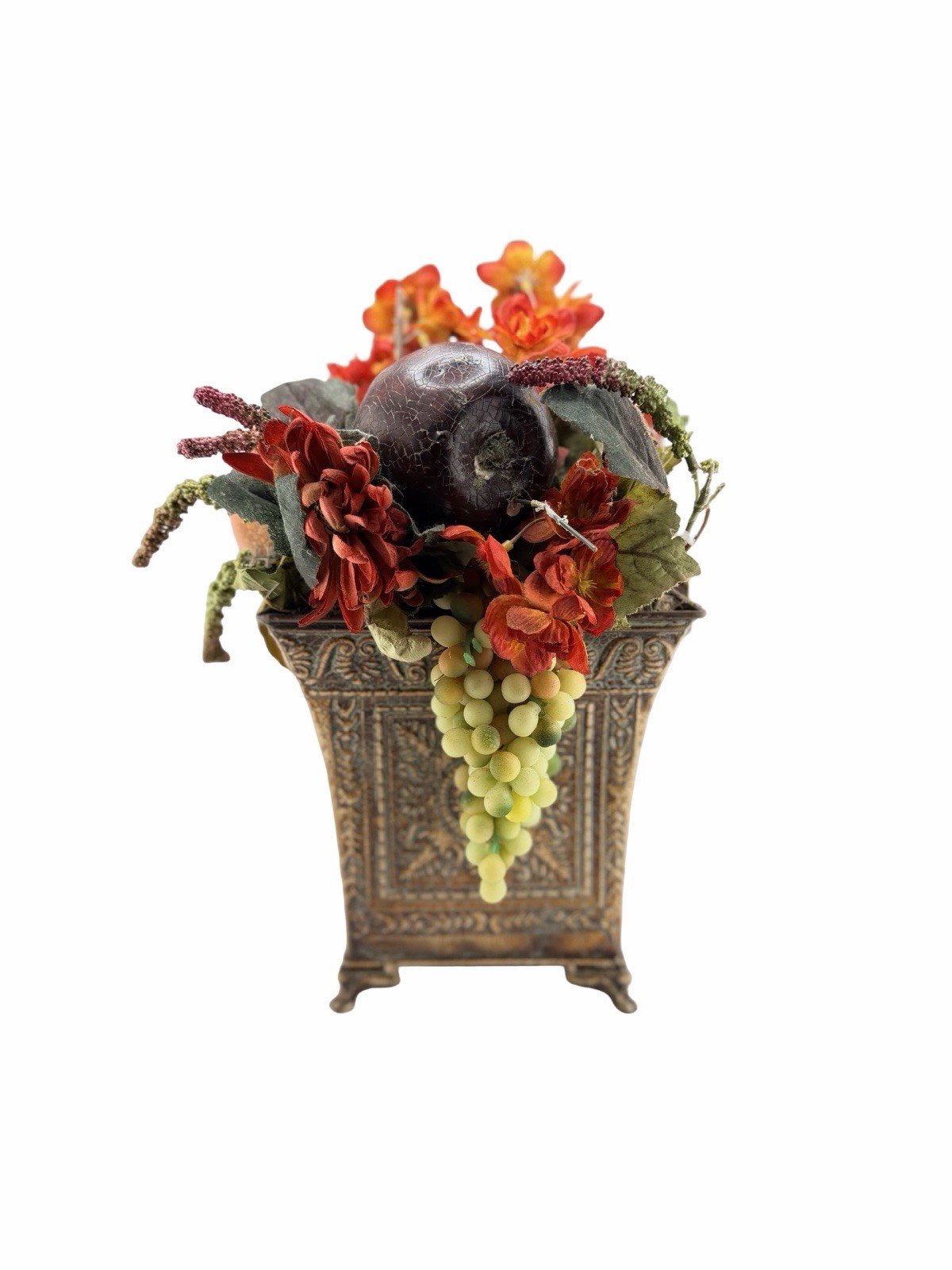 Fall Faux Floral Fruit Arrangement Grapes Pomegranate Planter Centerpiece 14”