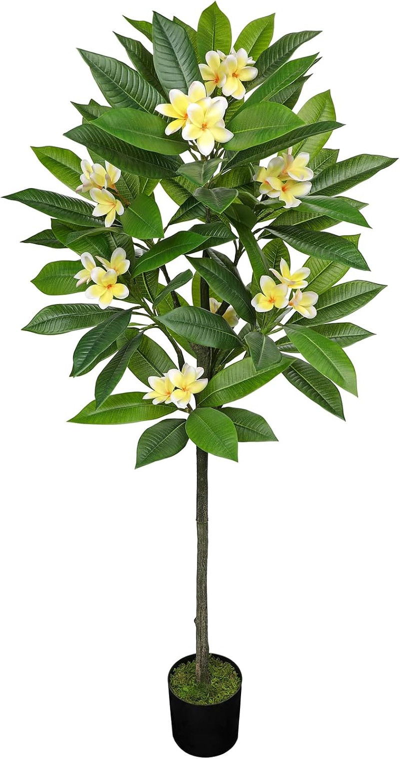 Artificial Plants Indoor 5.09Ft Fake Tropical Plumeria Flowers Tree in Black Pot