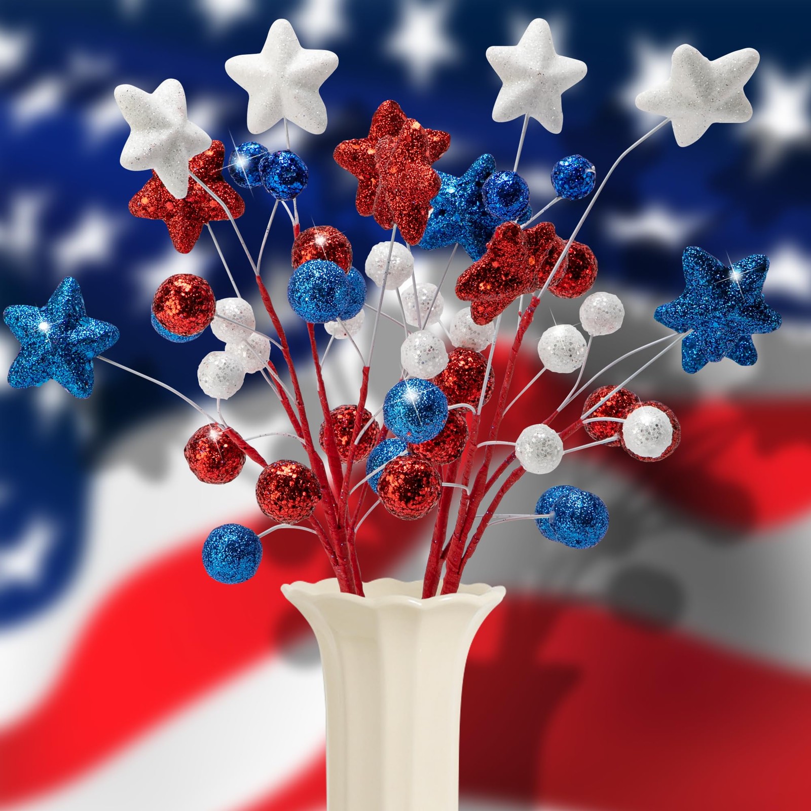 8 Pack 15″ Large Patriotic Glitter Centerpiece Stems, Independence Day Artifi…
