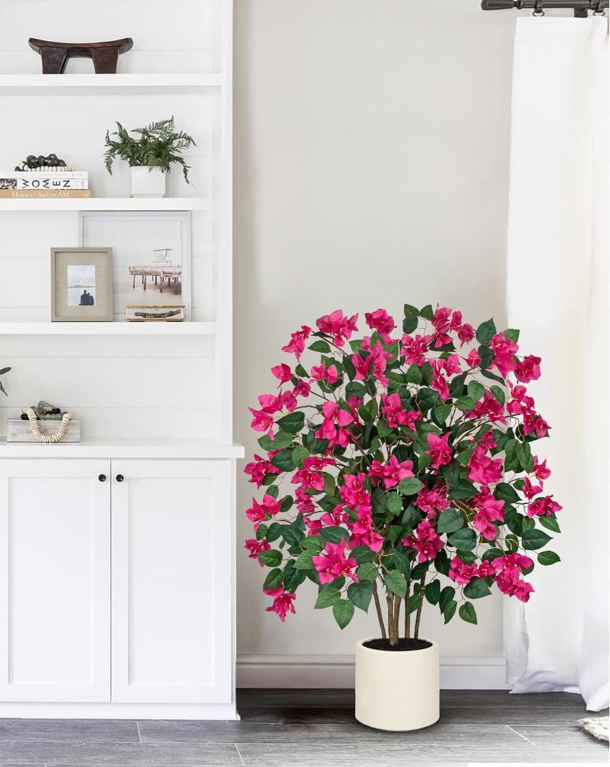 35.4In Artificial Bougainvillea Floral Tree in White Pot, Hot Pink Large Silk Fl