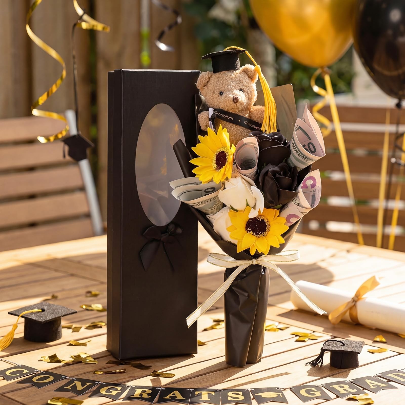 13″ 2026 Graduation Bear Bouquet Rose Sunflower Scented Soap Flower Money Bou…