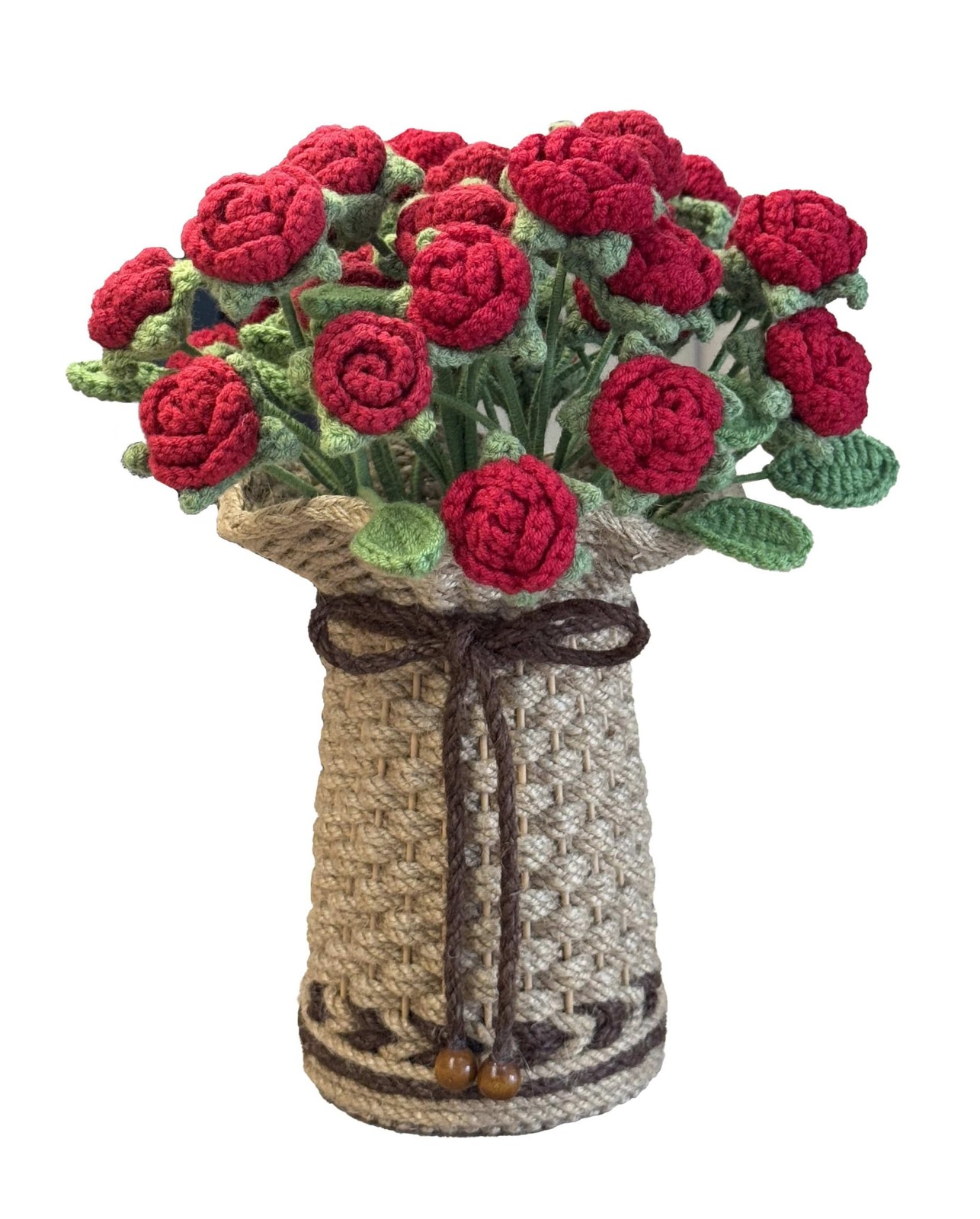 THREEBOY Crochet Red Roses Artificial Flowers Bouquet with Knitted Flower Vas…