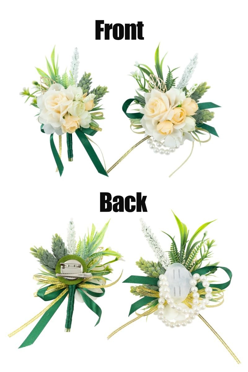 2 Pcs Wrist Corsage and Boutonniere Set, Champagne Corsage for Wedding, Bouto…