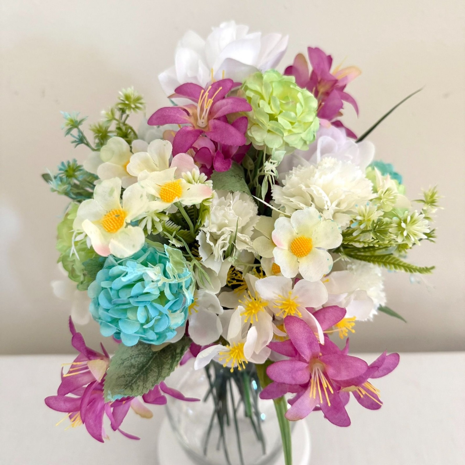 Handcrafted Floral Centerpiece Arrangement Clear Hourglass Vase Upcycled Decor