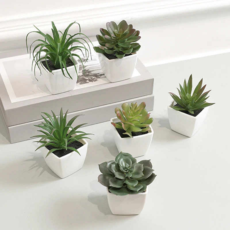 6PCS (SET) Mini Artificial Succulent Green Plant Plastic Wwhite Basin, Home Win