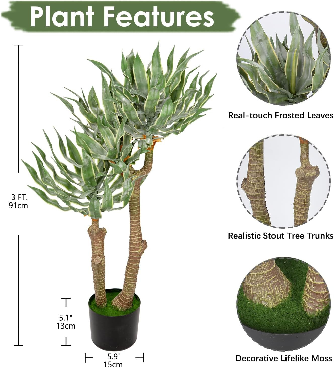 3Ft Tall Artificial Agave Plant – Large Faux Yucca for Home Office Décor
