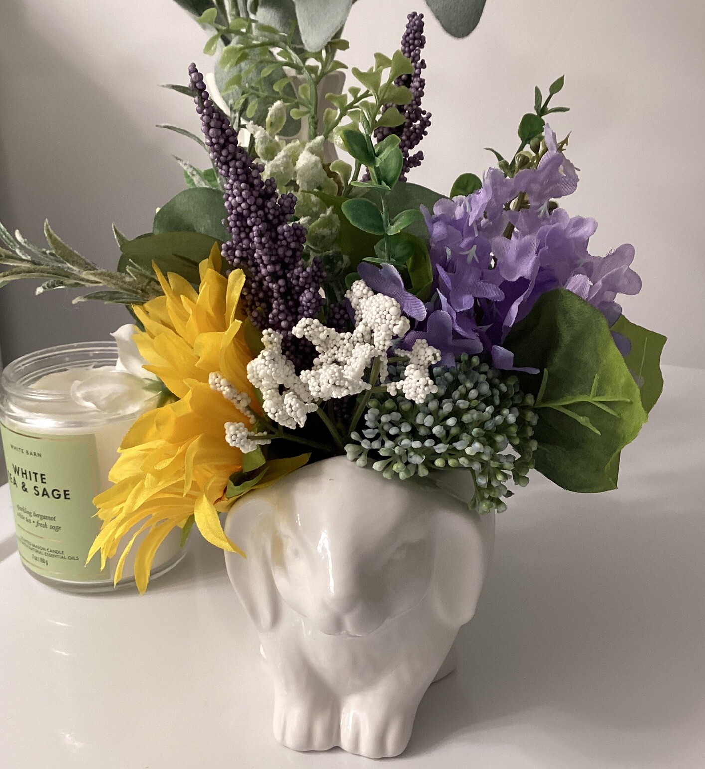 Cottage Ceramic Bunny Floral Decor “French Countryside” Sunflowers & Lavender
