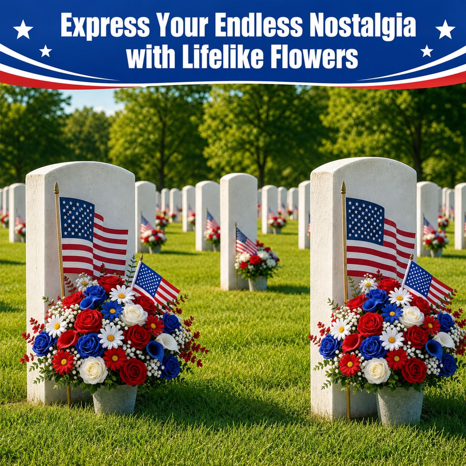 40 Pcs Memorial Day Artificial Flowers for Cemetery Red White and Blue Flower…