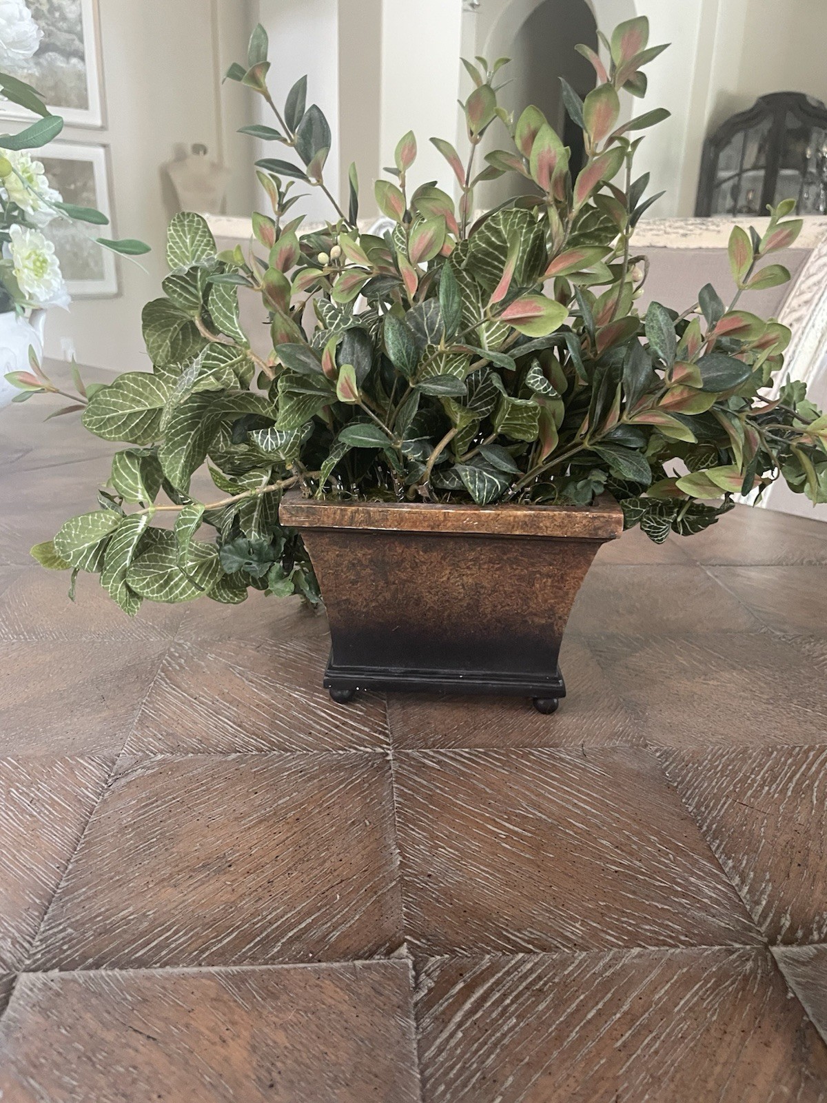 Faux Greenery & Berry Floral Arrangement Sm Resin Footed Container
