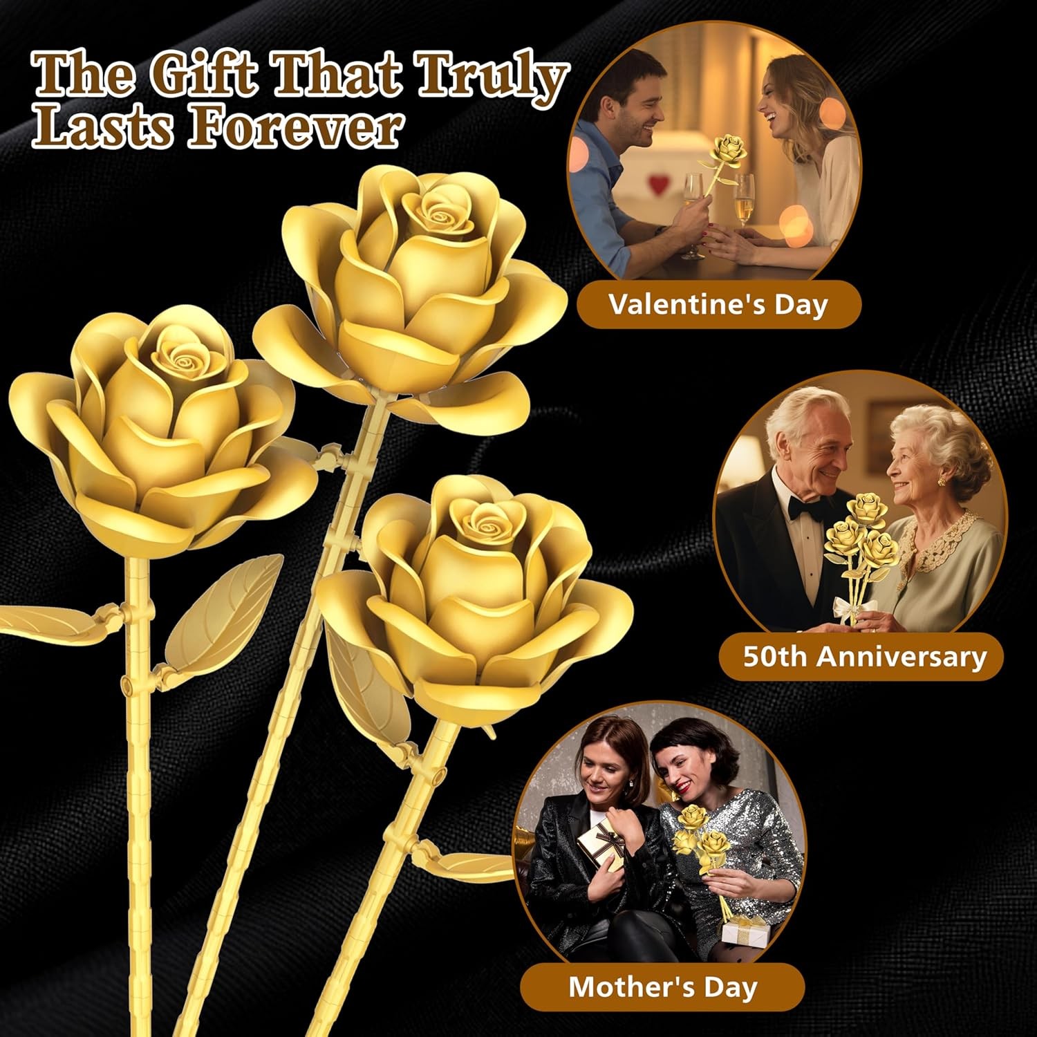 Gold Roses Flower Building Set – 3 Roses Bouquet Botanical Building Blocks for A