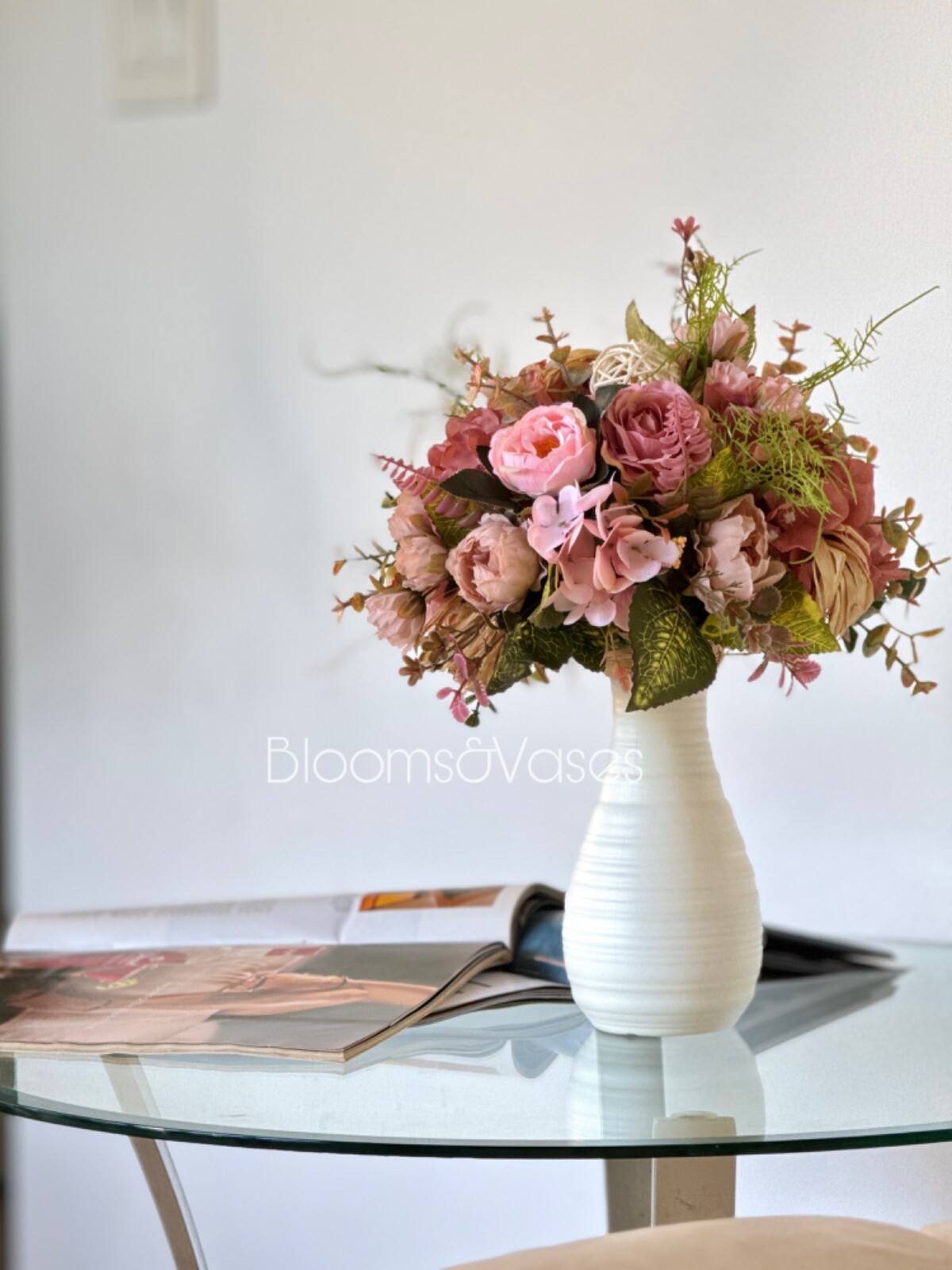 Soft pink flower arrangement in a vase , width 12’, height 14’, home decor