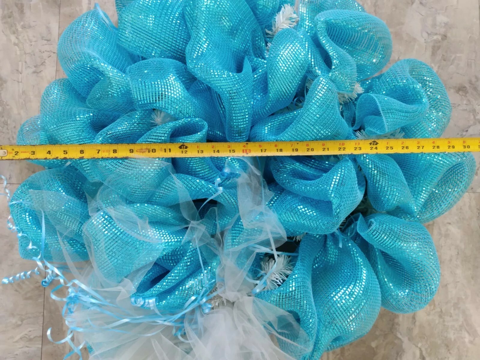 Wired Wreath With Aqua & White Tulle 20″ baby shower wreath