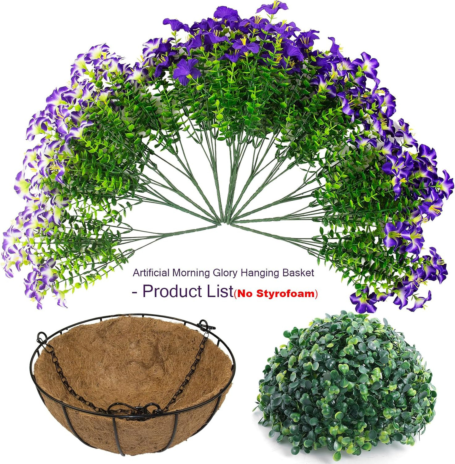 Artificial Petunias Flowers Set with Hanging Baskets UV Resistant Faux Purple