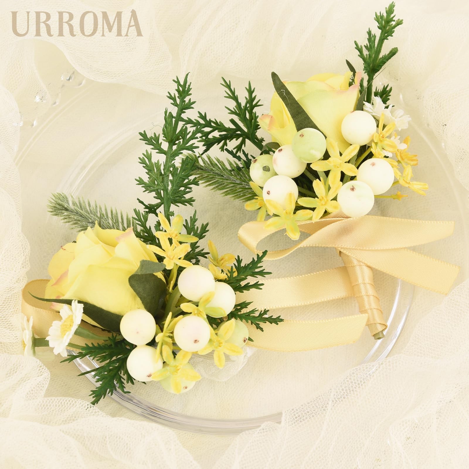 2 PCS Wedding Wrist Corsage Boutonniere Set Light Yellow Rose Hand Flower Prom