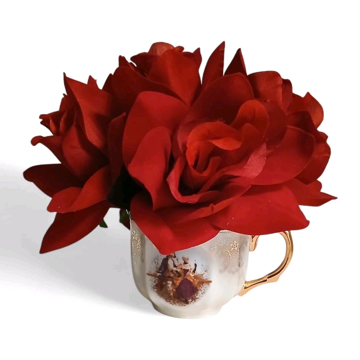 Red Rose Floral Arrangement Tea Cup POP-IN Romantic Elegant Wedding Holiday LOVE