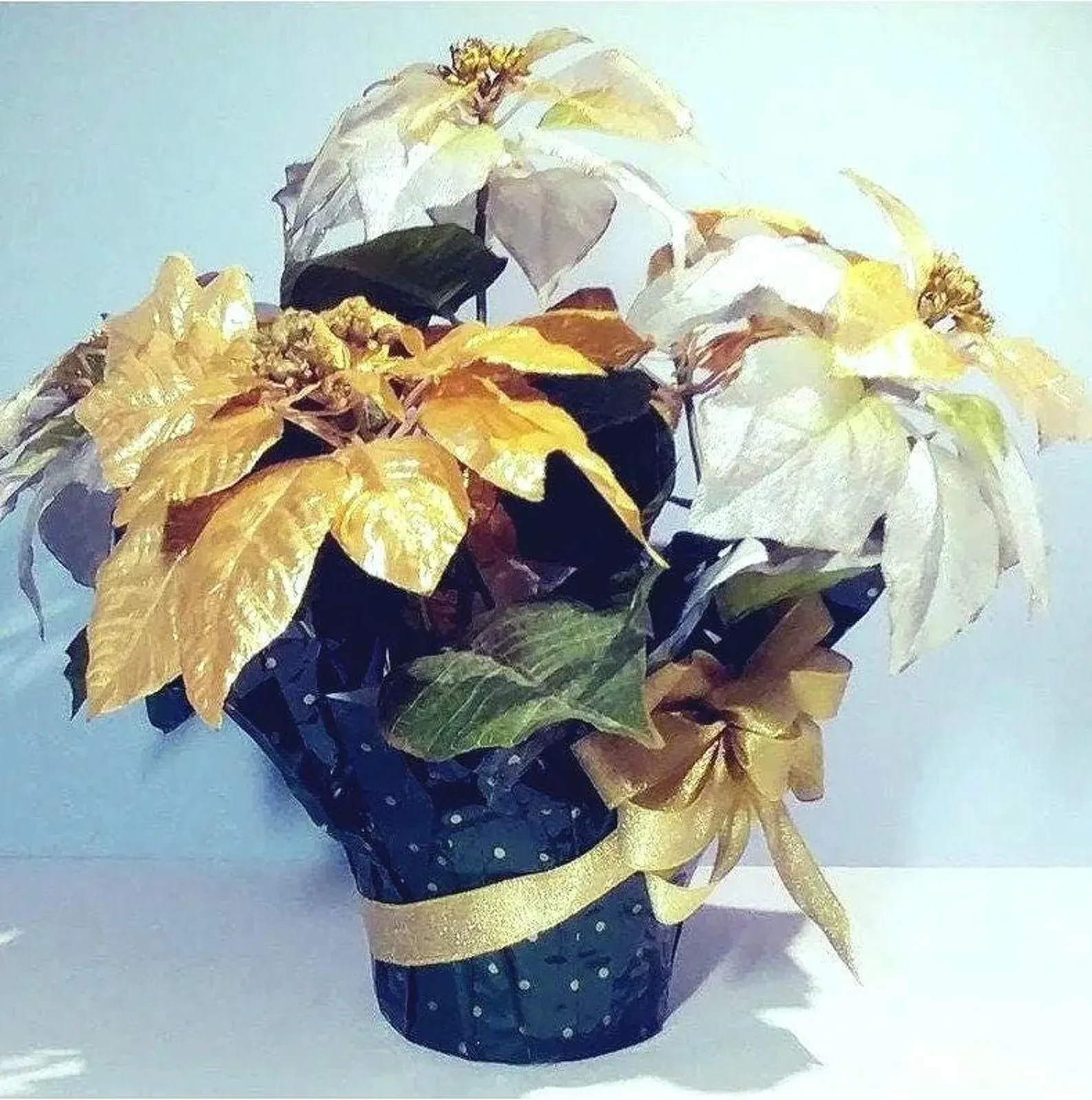 Fuax Potted Silk Poinsettia in Gold, Silver, & White Flowers Floral Centerpiece