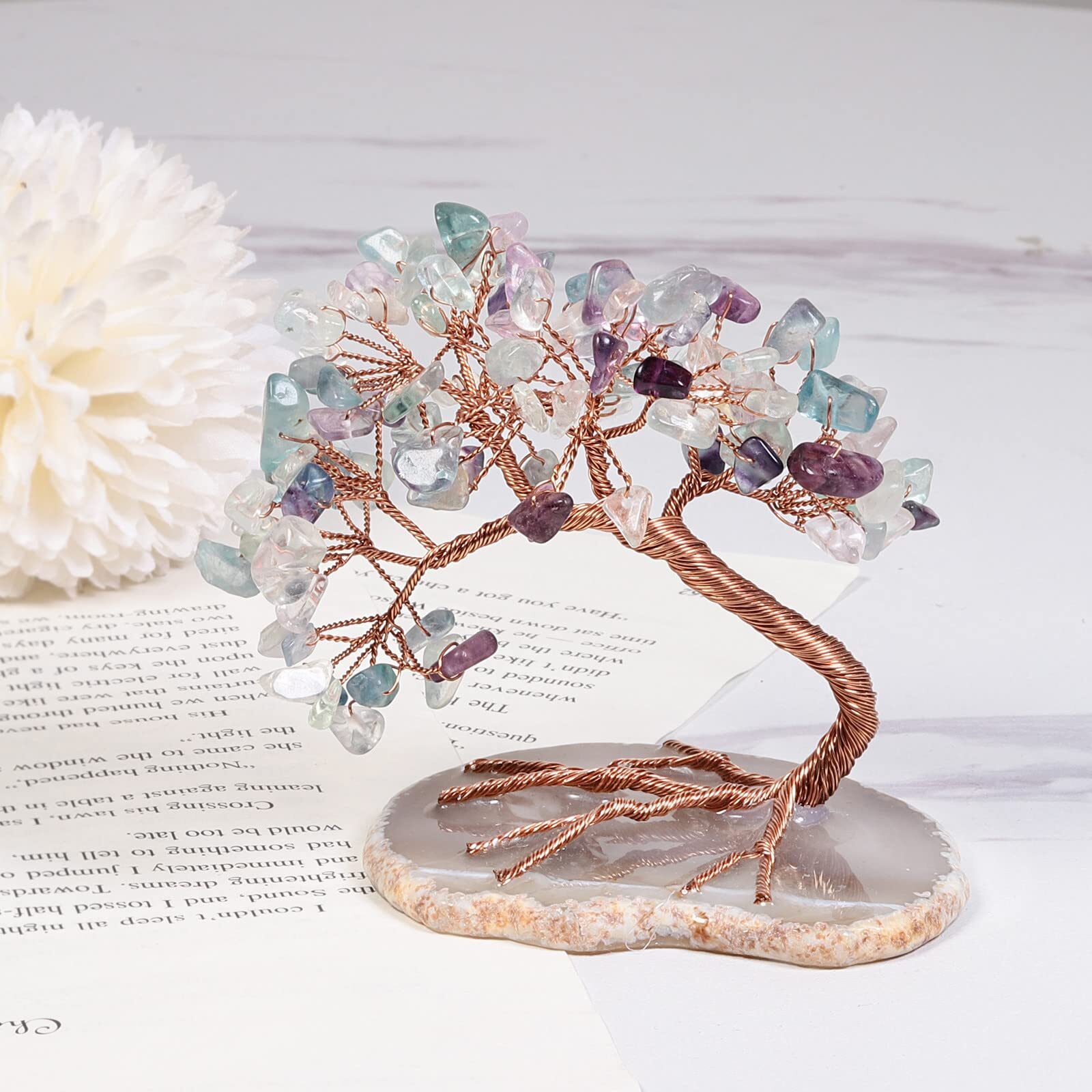 3-4″ Copper Wire Healing Crystal Money Tree for Good Luck Agate Slice Base Bo…