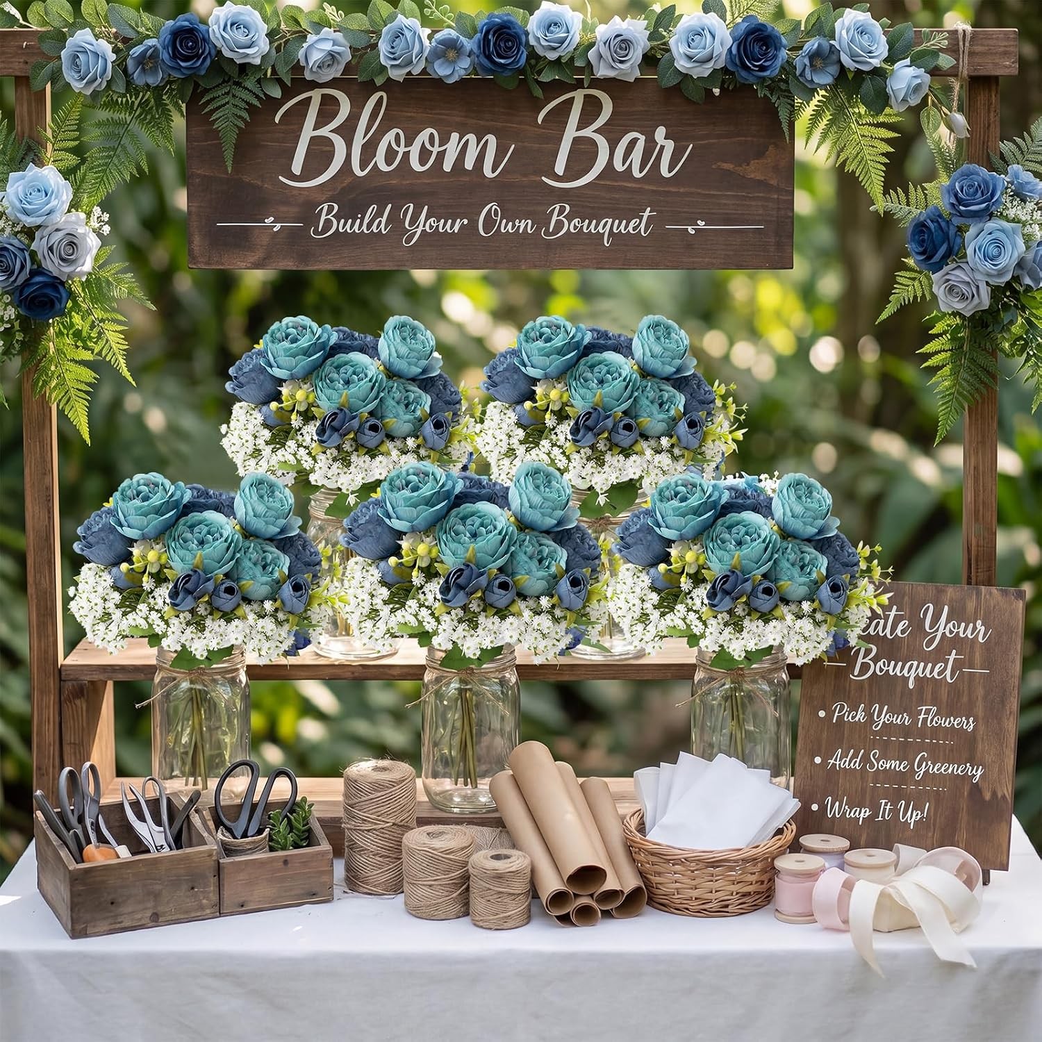 12 Sets Mason Jar Centerpiece Table Decorations Blue & Teal Peony W/ Baby’s