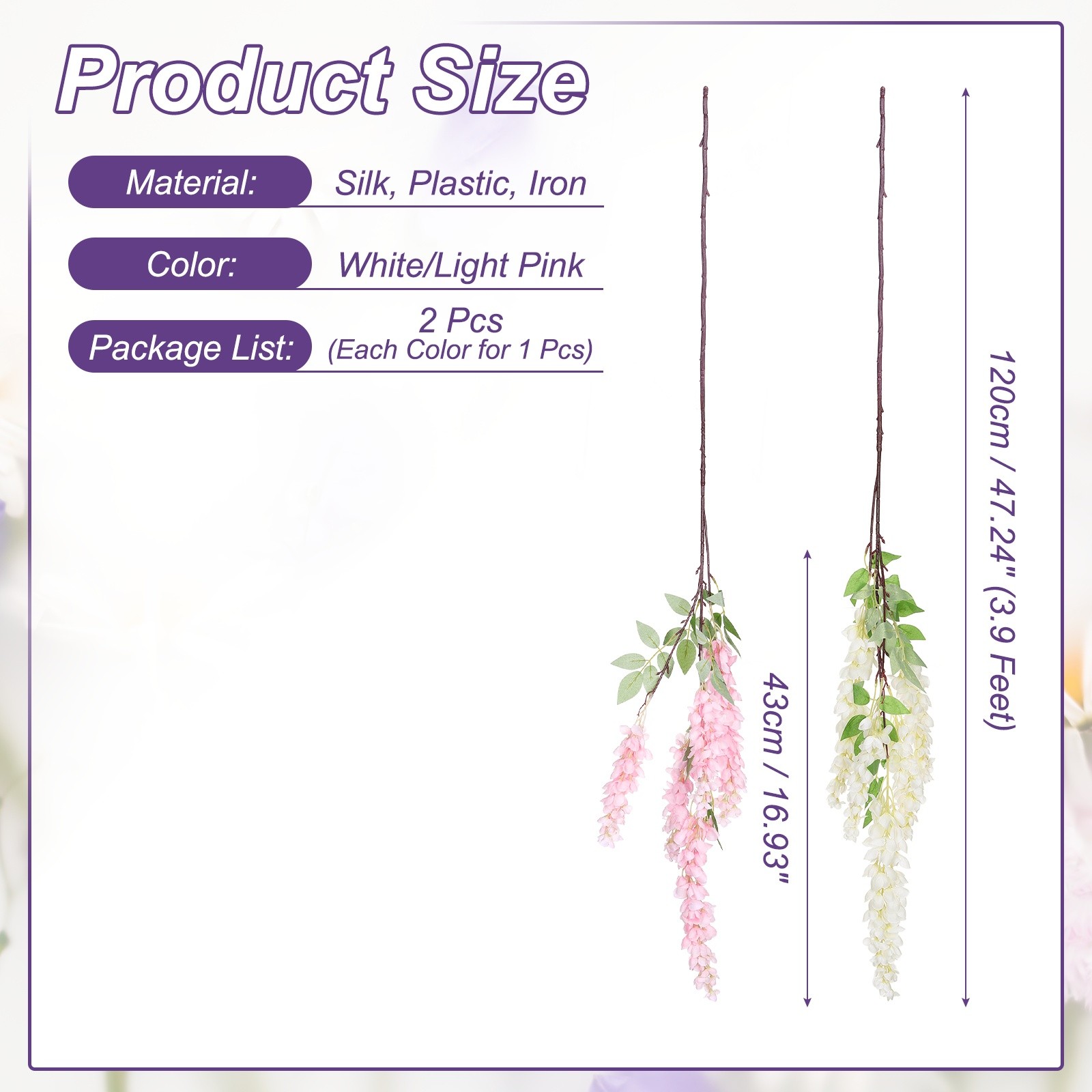 2Pcs Artificial Wisteria Hanging Flowers 3.9ft Fake Hang Floral White/Light Pink