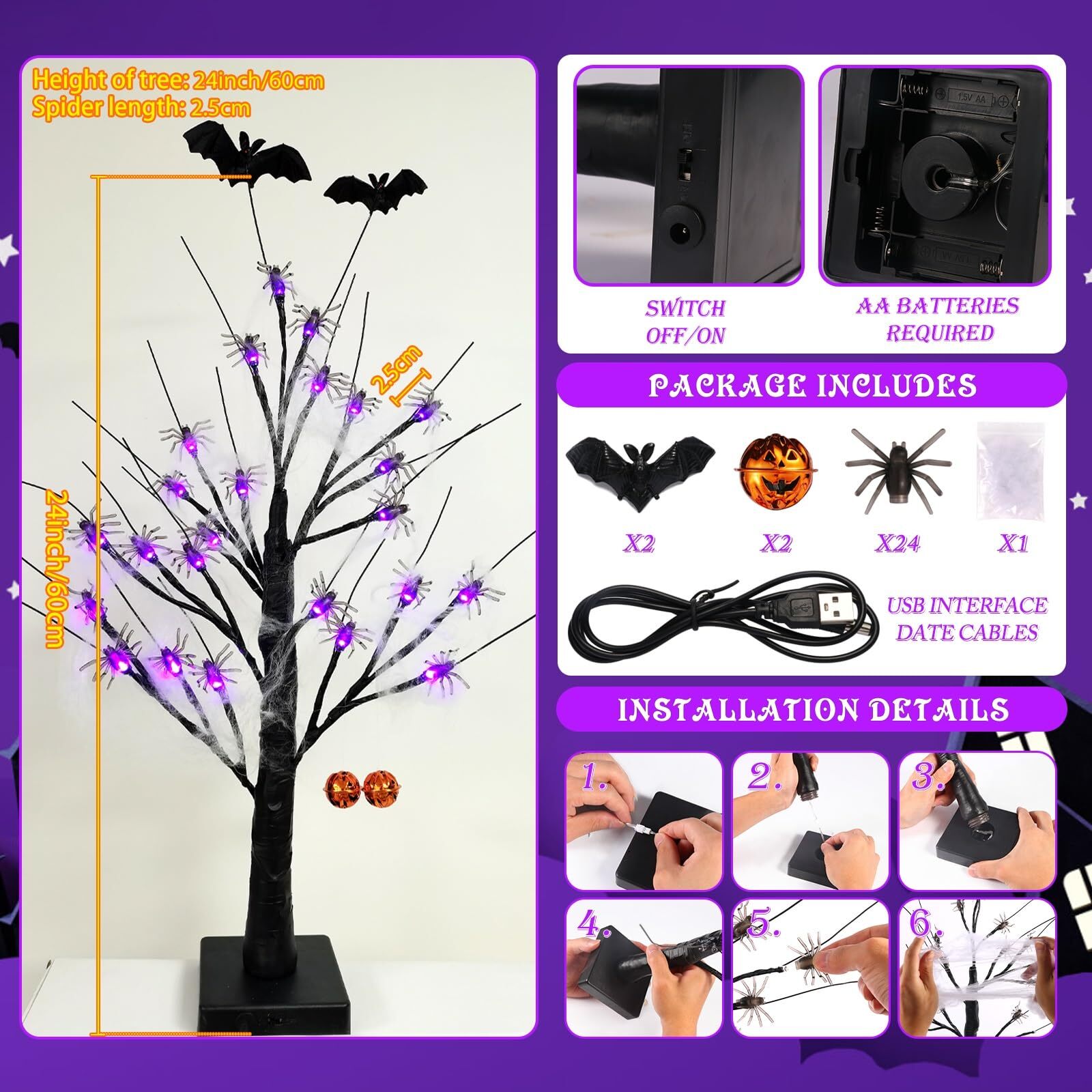 2FT Black Halloween Tree, Spooky Tree with 24 Spider & 24 Purple Lights