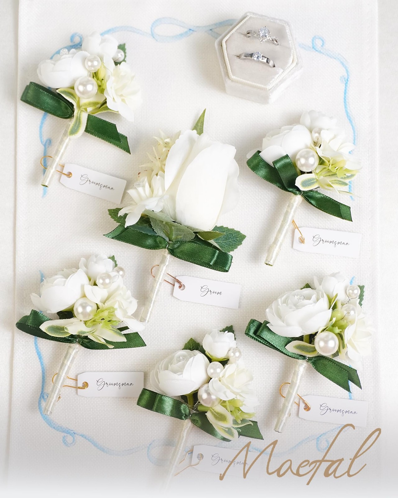 6 PCS White Ranunculus Pearl Boutonniere Wedding Corsage Gold Pins Prom