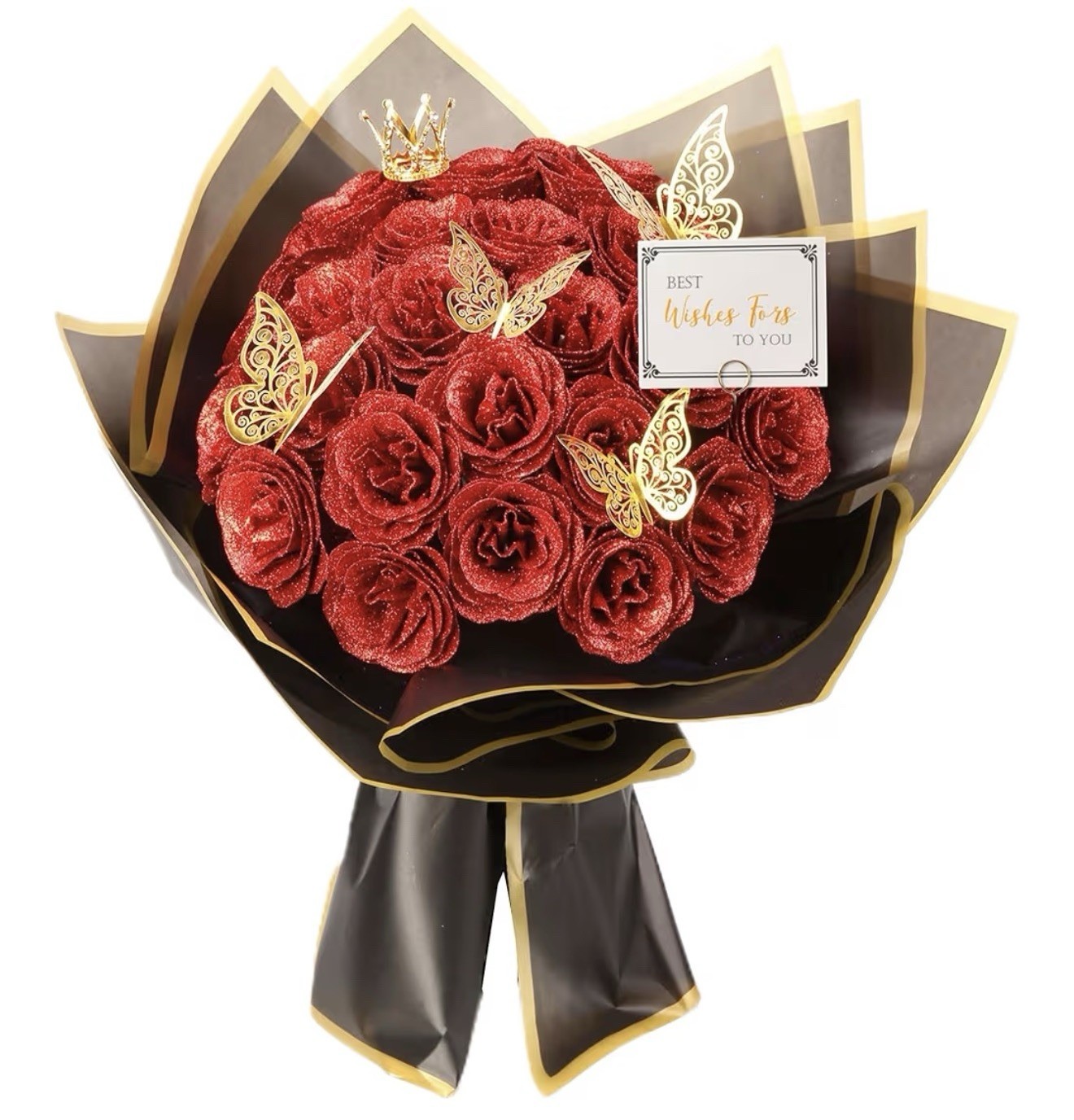 Red Glitter Roses Bouquet, 24 Pcs Shiny Glitter Flowers Bouquet, Everlasting Art