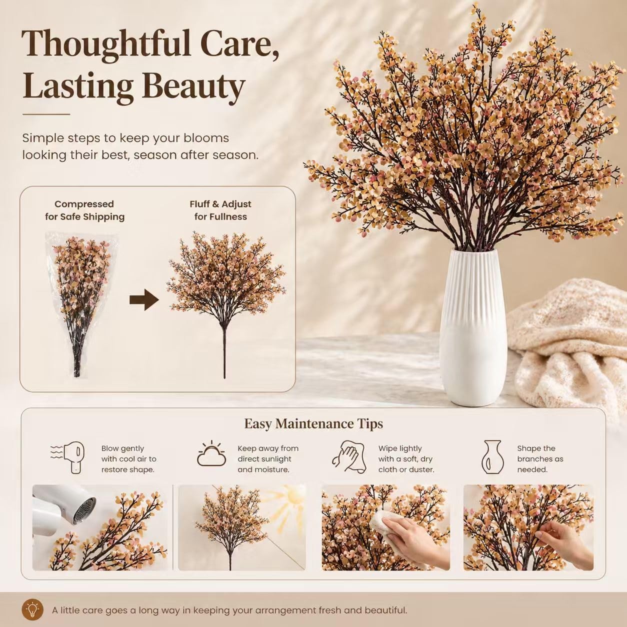 6 Bundles Light Brown Artificial Babys Breath Flowers Silk Gypsophila 18.5 In