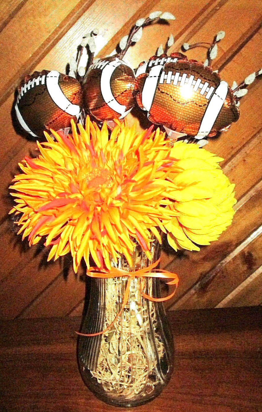 18″ FOOTBALL Autumn Faux PUSSY WILLOWS Orange Yellow FLORAL Hoosier Glass VASE