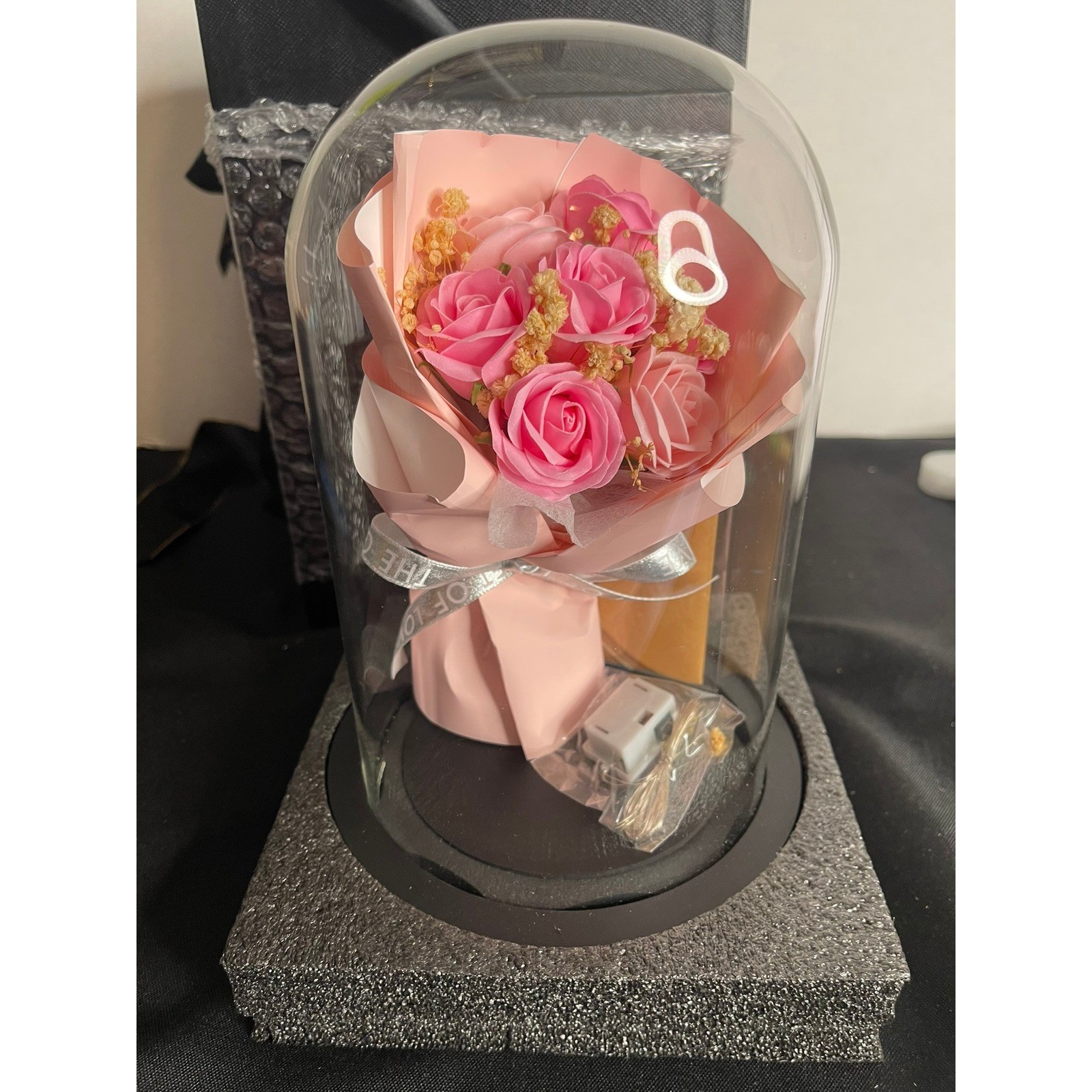 Preserved Pink Soap Rose Bouquet in Glass Dome with LED Lights and Gift Box