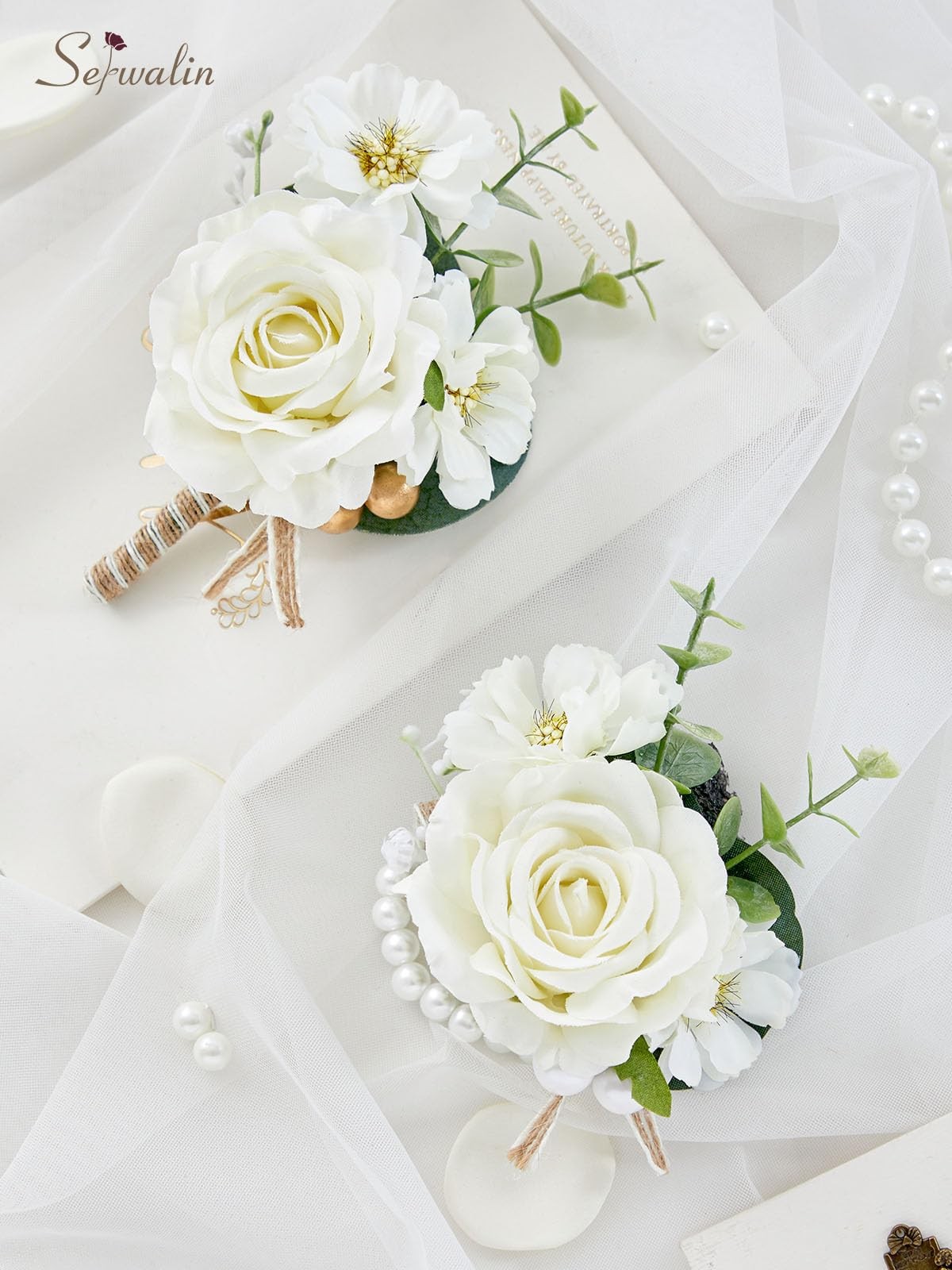 Ivory Corsage and Boutonniere Set Prom Flower Wrist Roses Wristlet Men’s Wedding