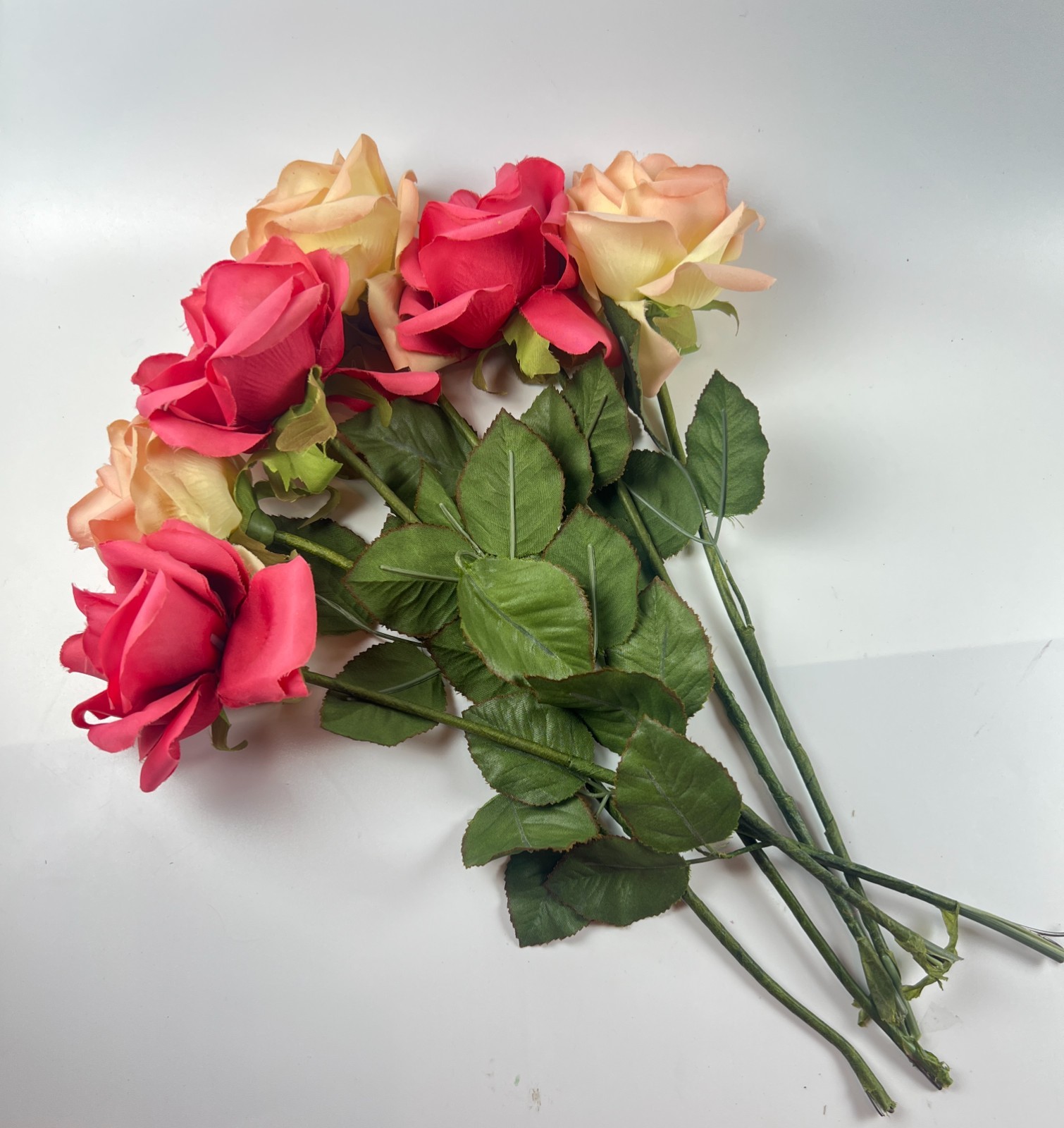 6 True VINTAGE long stem silk roses pink cream ombre faux artificial 15″