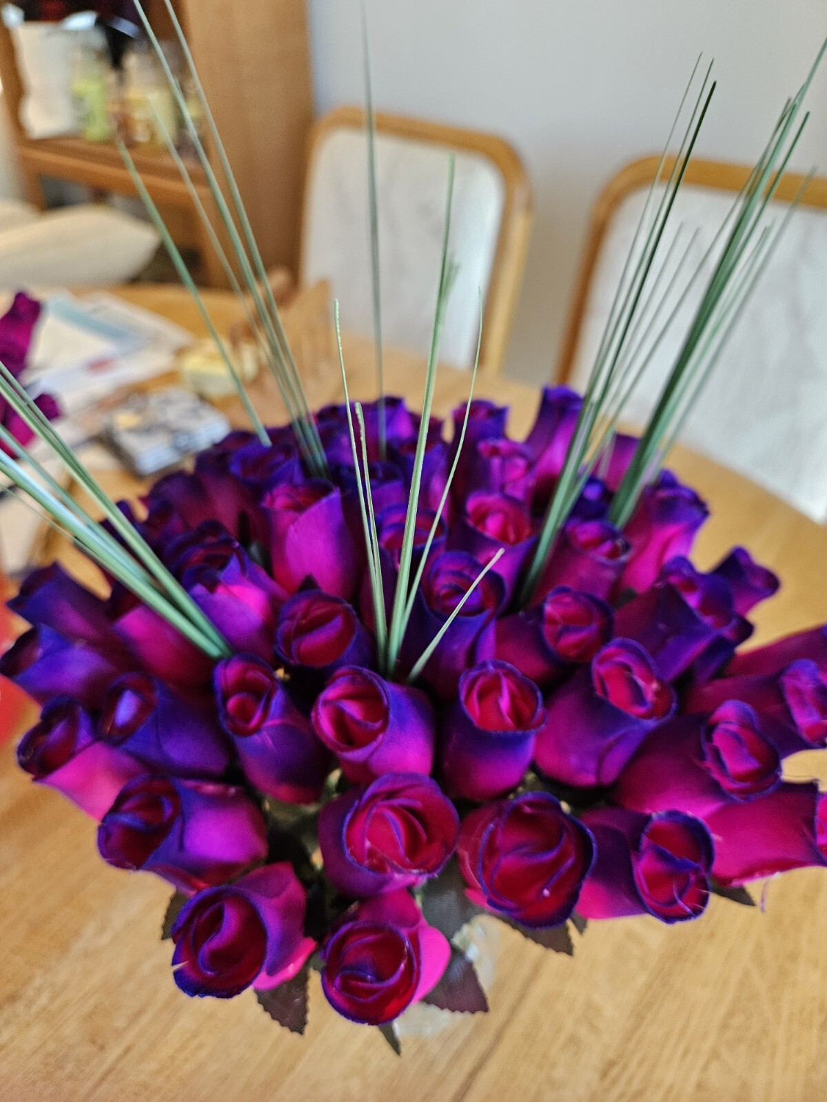 1 DOZEN – HOT PINK- PURPLE WOODEN ROSE BUDS 5 X 8 ARTIFICIAL FLOWERS