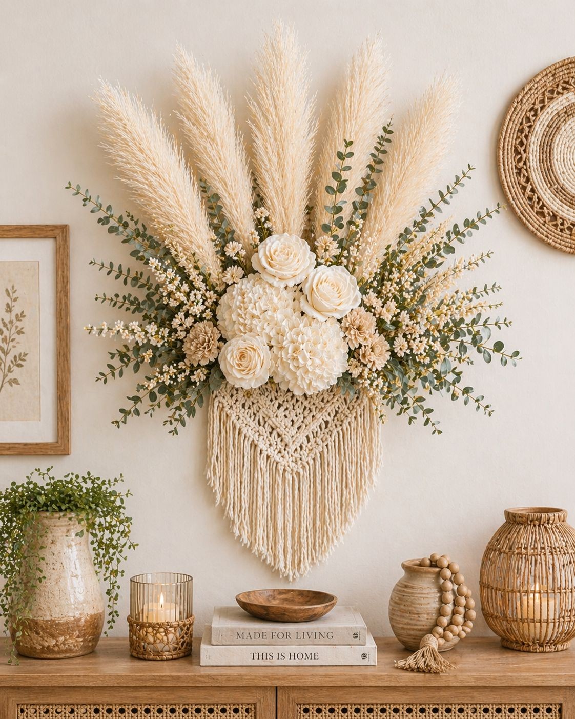 Cream Pampas Grass 3 Stem Faux Pampas Beige Boho Decor Neutral Vase Filler Farmh