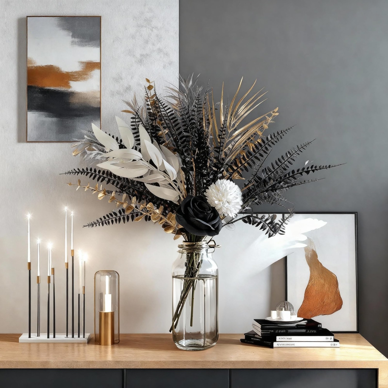 Gothic Aesthetic Decorative Floral Arrangement Black and White Roses with Met…
