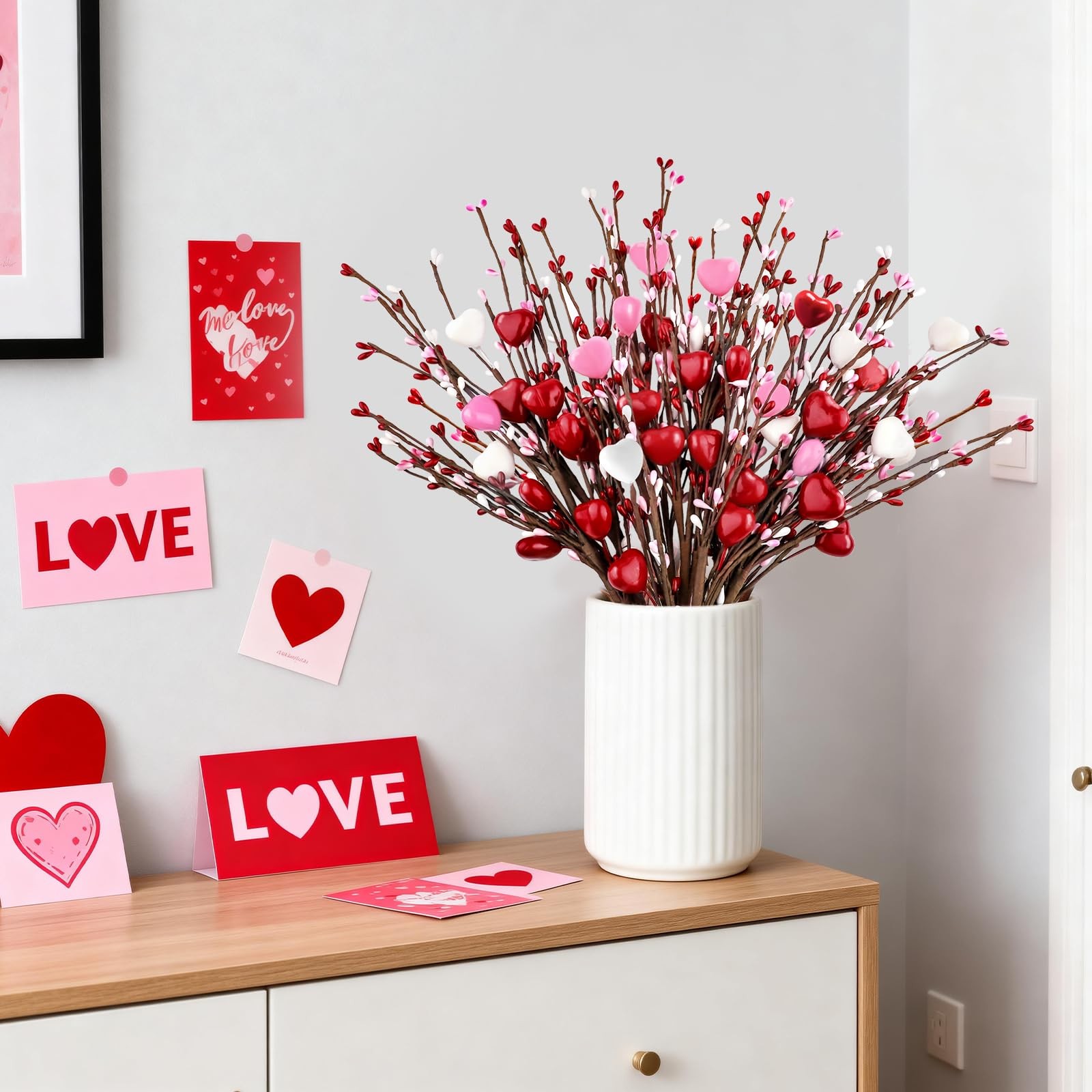 6 PCS Valentine Decor Red Pink White Heart Shaped Berry Picks 17 Inch Flowers