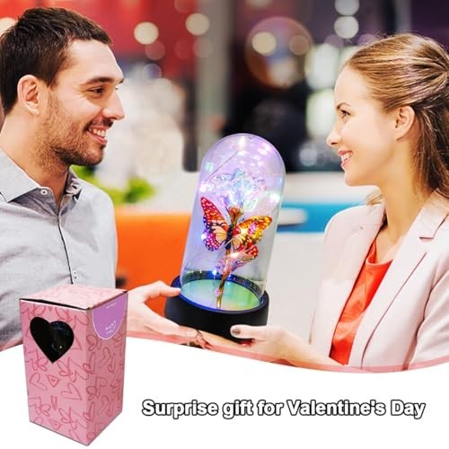 Light Up Rose in Glass Dome LED Butterfly Decor Birthday Mother Day Gift