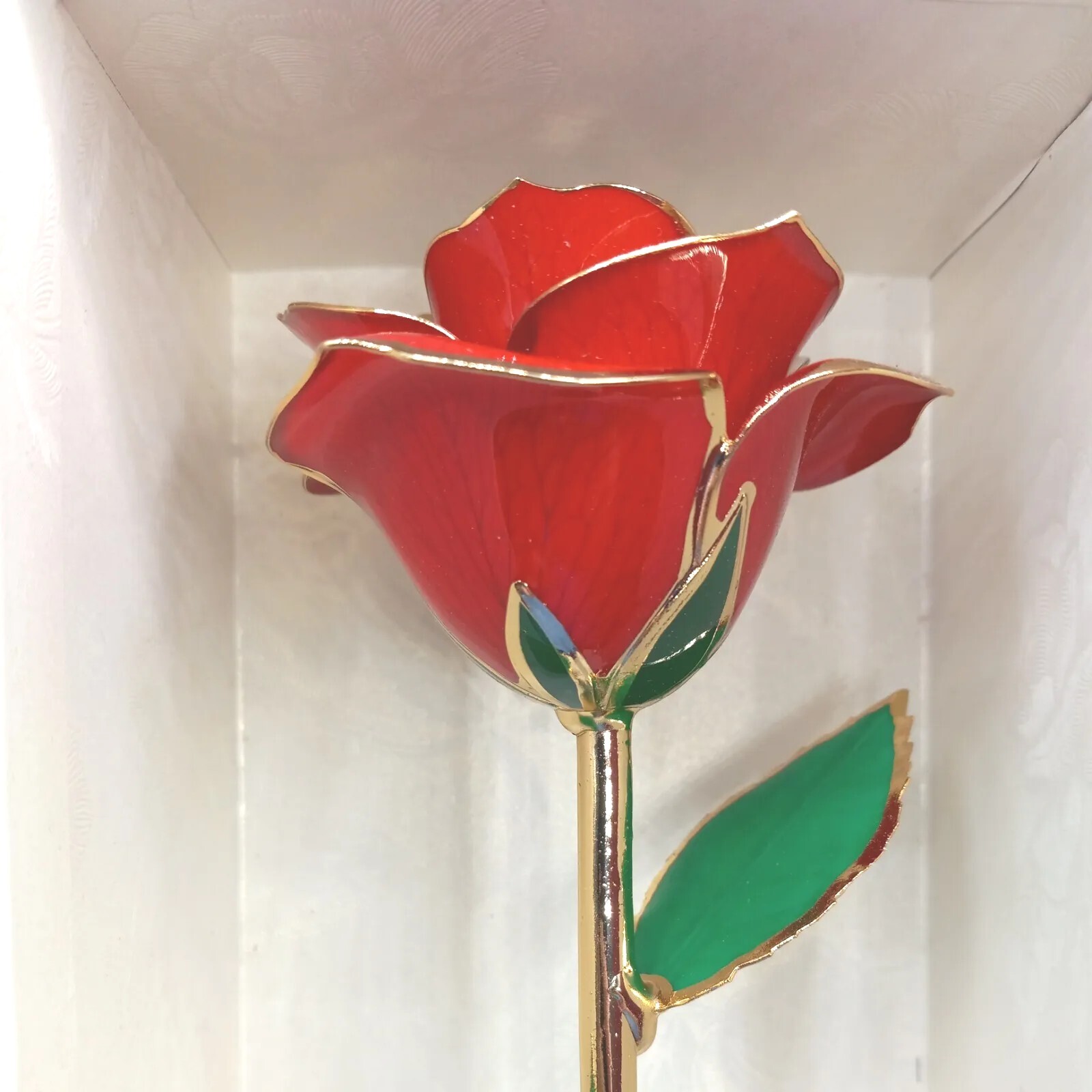 Gold Gilded Rose Real Red Long Stemmed Rose with Stand Open Box