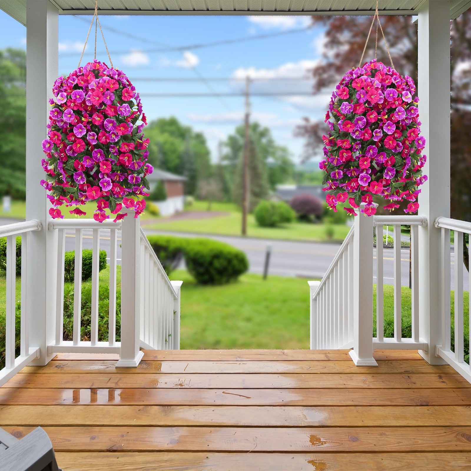 4PCArtificial Hanging Flowers Outdoor UVResistant Morning Glory Rose Red Magenta