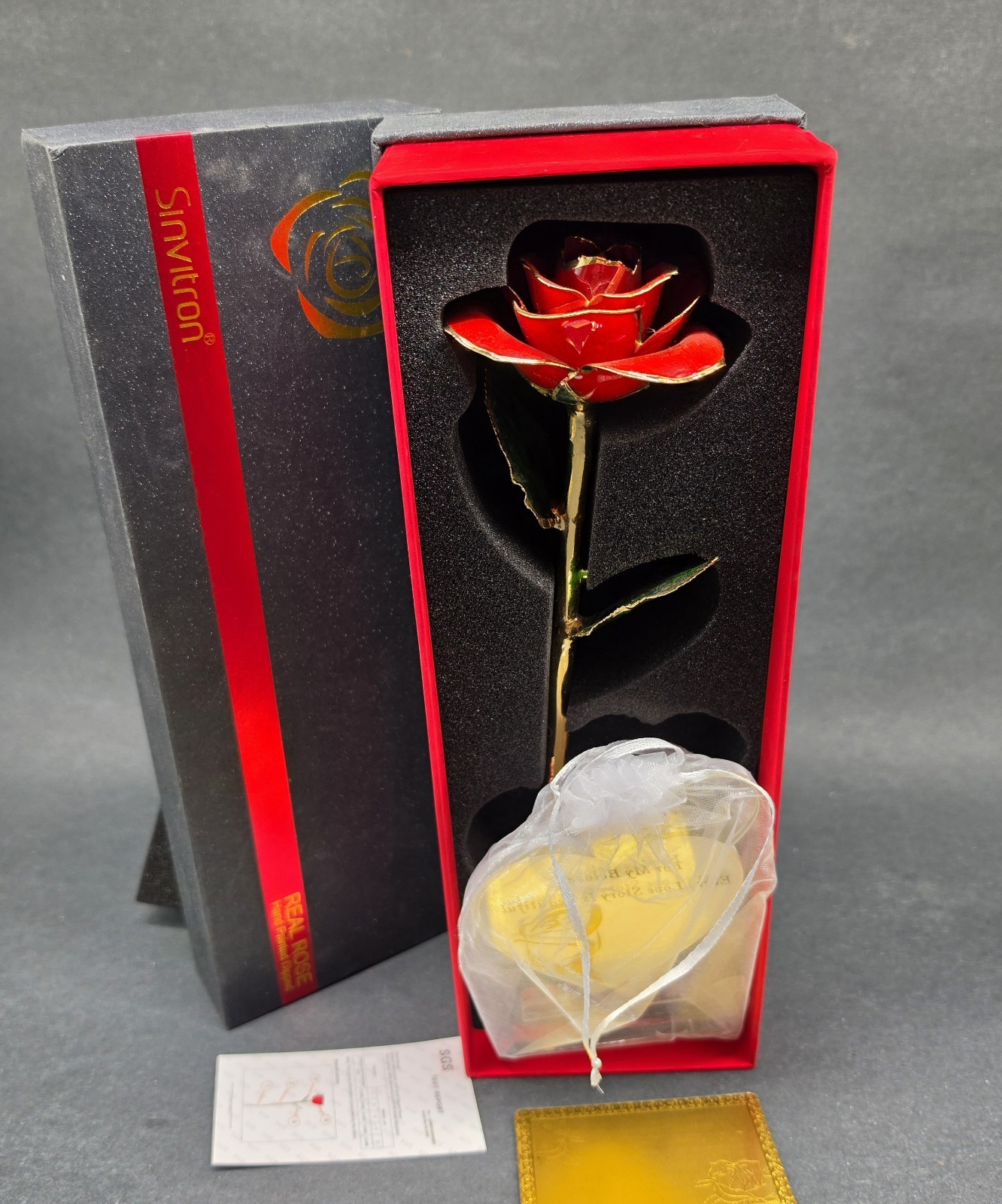 Sinvitron 24K Gold Dipped Real Rose (Red) With Heart Stand & SGS COA Certificate