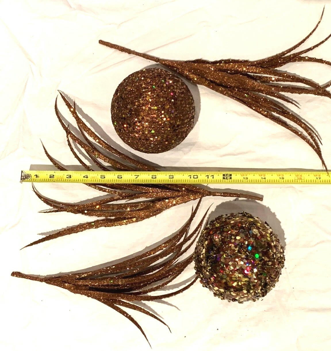 Bronze Gold Swag 2 Orbs 3 Feather Floral Picks Balls Sparkle Holiday Decorating