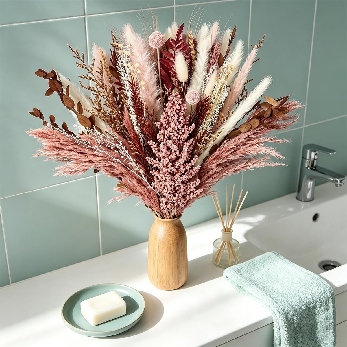 Dusty Rose & Terracotta Dried Pampas Grass Bouquet – Boho Floral Arrangement, Pi