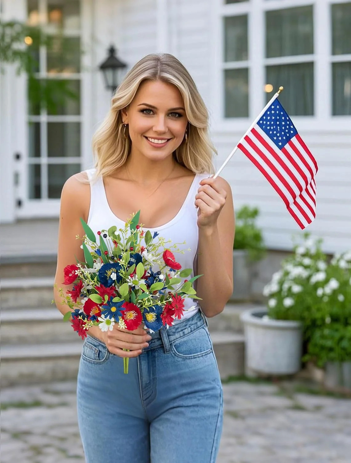 BLOSMON Red White and Blue Flowers: 4 Bundles Fake Flowers 4th of July Patriotic