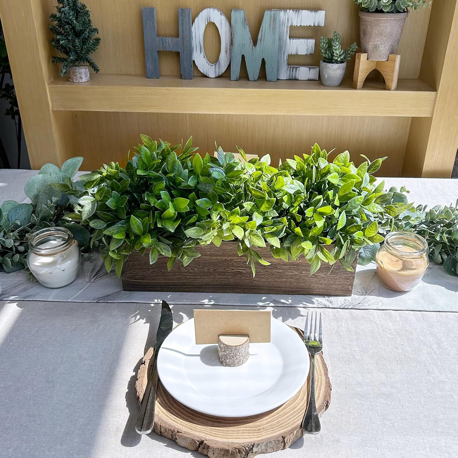 14″ Artificial Boxwood Plants in Rectangular Wood Planter Farmhouse Greenery Arr